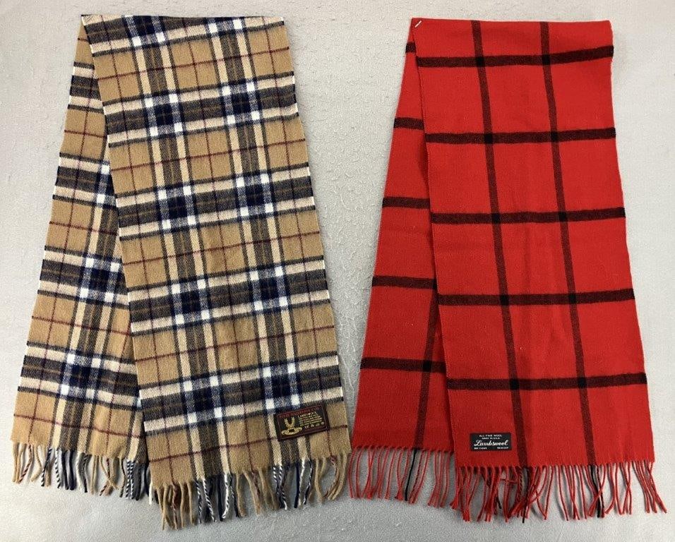 Lamb's Wool Scarves Including Peter MacArthur Company: Collection of lamb's wool scarves including a Peter MacArthur Company example made in Scotland in a classic tartan pattern of soft beiges, navy blues, and raspberry tones, and a red buffalo plaid