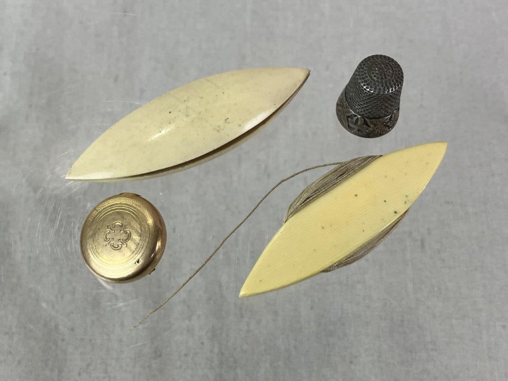 Sterling Silver Thimble and 19th Century Sewing Accessories Group: Collection of 19th century sewing accessories including a sterling silver thimble (unmarked but tested for silver content), two tatting shuttles used for handmade lacework, and one brooch used as a