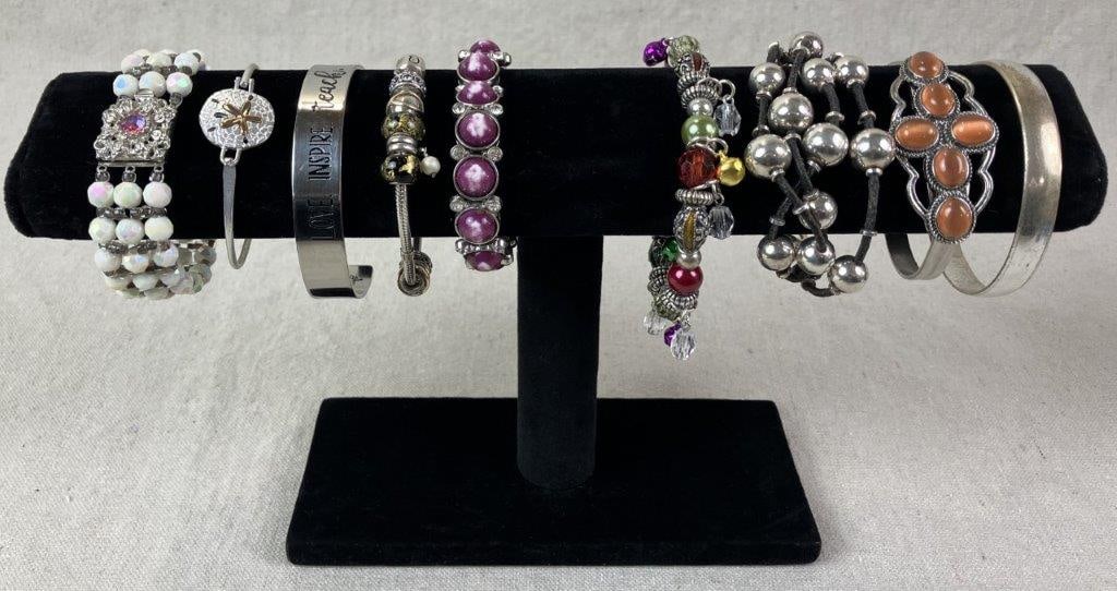 Nine Costume Jewelry Statement Bracelets: Costume Jewelry Statement Bracelets in Silvertone Finishes 