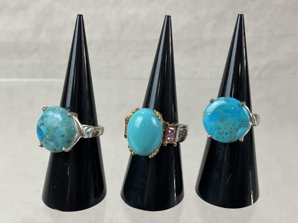 Three Silver Turquoise Statement Rings - 2
