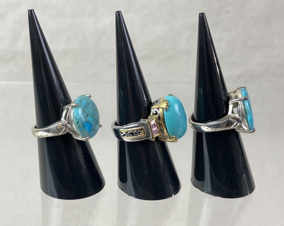 Three Silver Turquoise Statement Rings - 4