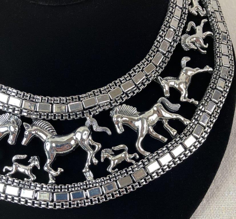 Silvertone Horse Design Bib Necklace and Earring Demi-Parure - 2