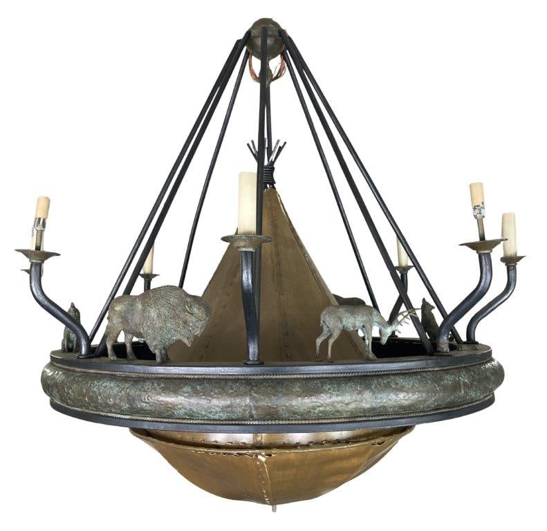 Maitland Smith Bronze Figurative Chandelier: Southwestern style chandelier attributed to Maitland Smith featuring cast bronze animal figures including stags, buffalo, and coyotes arranged around a central teepee motif, evoking a Native American