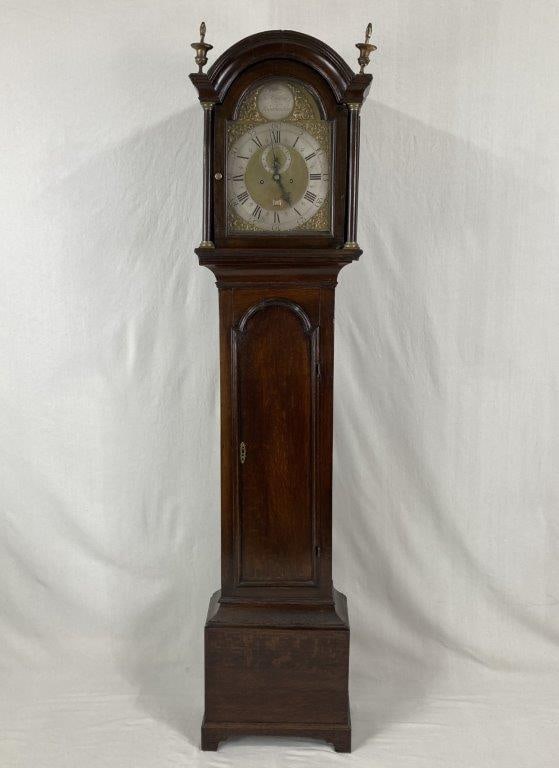 Fine George III Tall Case Clock, John Calver, Woodbridge, Suffolk, England, circa 1750: Fine George III tall case clock by noted English clockmaker John Calver (1695–1751) of Woodbridge, Suffolk, widely regarded as one of the finest makers of his time. The brass two-train time and