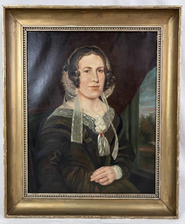 American School Portrait of a Woman Oil Painting,1840s: 19th century American School oil portrait depicting a seated woman with a gentle, cheerful expression, her hand prominently displayed with a ring symbolizing her status as a respectable married
