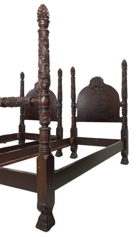 Pair of Heavily Carved Twin Poster Beds - 2