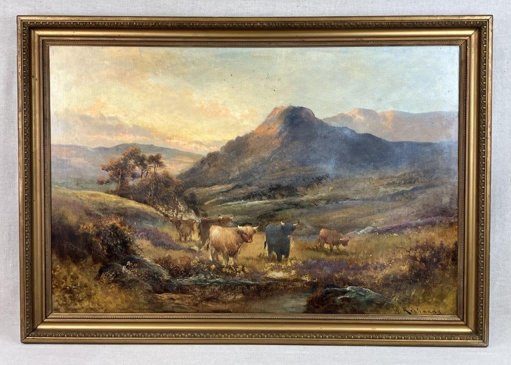 Francis E. Jamieson (W. Richards) Scottish Highland Landscape Oil Painting: Early 20th century oil painting depicting a scenic Highland landscape with mountainous terrain and a small gathering of Scottish cattle in the foreground. Executed with detailed brushwork and a