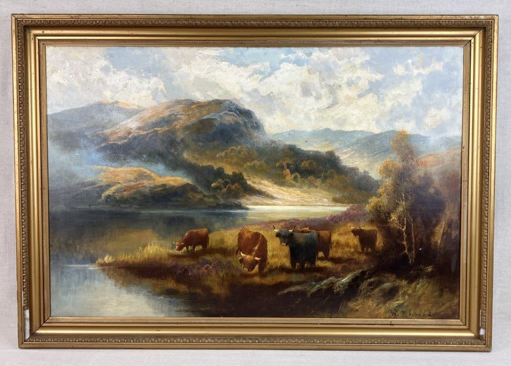 Francis E. Jamieson (W. Richards) Scottish Highland Landscape Oil Painting: Early 20th century oil painting depicting a scenic Highland landscape with mountainous terrain, a winding river, and a small gathering of Scottish cattle in the foreground. Executed with detailed