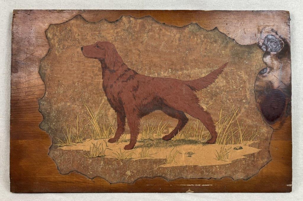 Folk Art Dog Painting: A charming and expressive work of animalier folk art depicting a noble hunting dog within a lush, grassy setting. Executed with delicate brushwork on a natural pine panel, the painting showcases the
