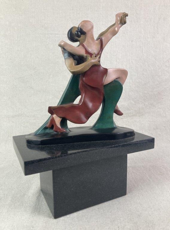 Bronze Tango Dancer Sculpture by Theo Sable: A dynamic painted bronze sculpture depicting a man and woman captured in a dramatic tango pose, executed in a sleek modernist style that emphasizes fluid, expressive lines. The composition is