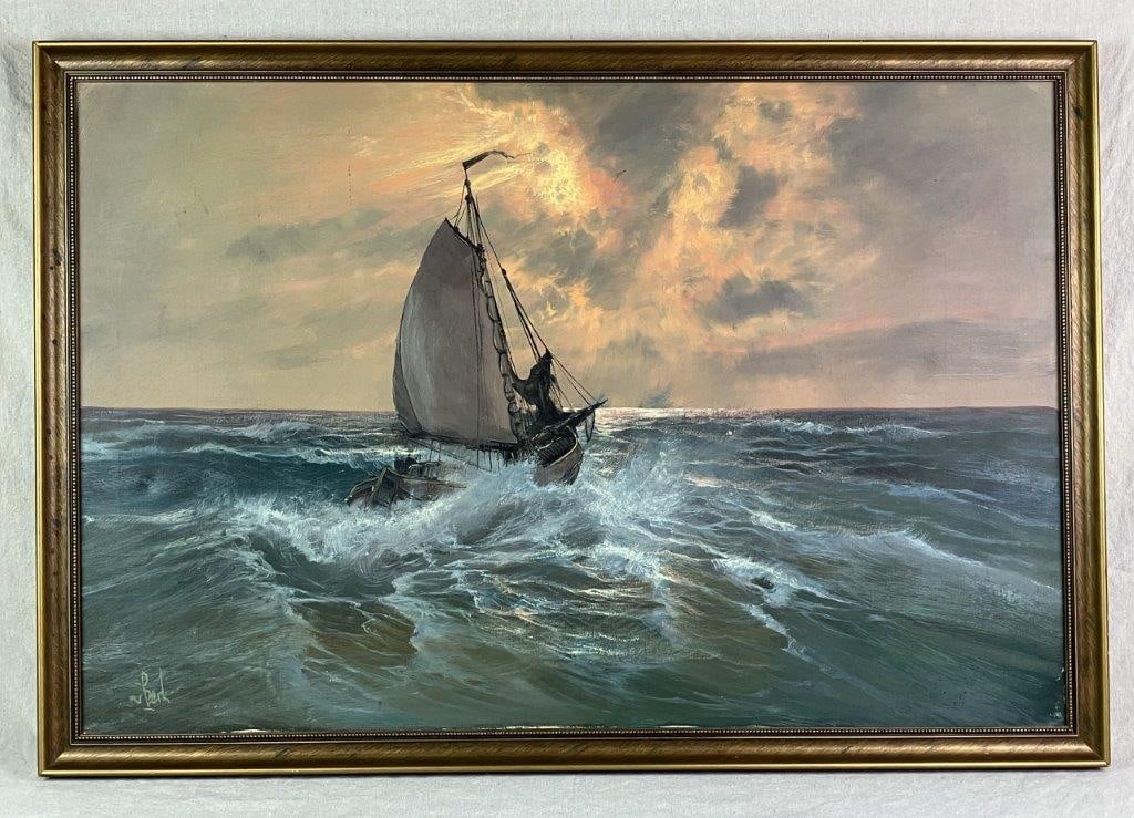 V. Berk Ship and Seascape Oil Painting, Mid Century: Oil on linen depicting a ship navigating a stormy sea beneath a dramatic sunset sky, rendered with carefully controlled yet active brushwork. V. Berk (active mid-20th century) was a European, often