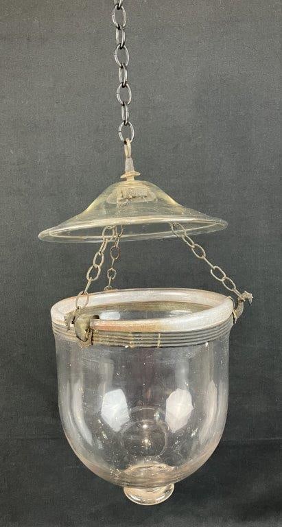 Colonial Style Hand-Blown Glass Hall Lantern: An elegantly proportioned lighting fixture featuring a clear, hand-blown glass globe that exemplifies traditional early American craftsmanship, topped with a decorative metal collar uniquely