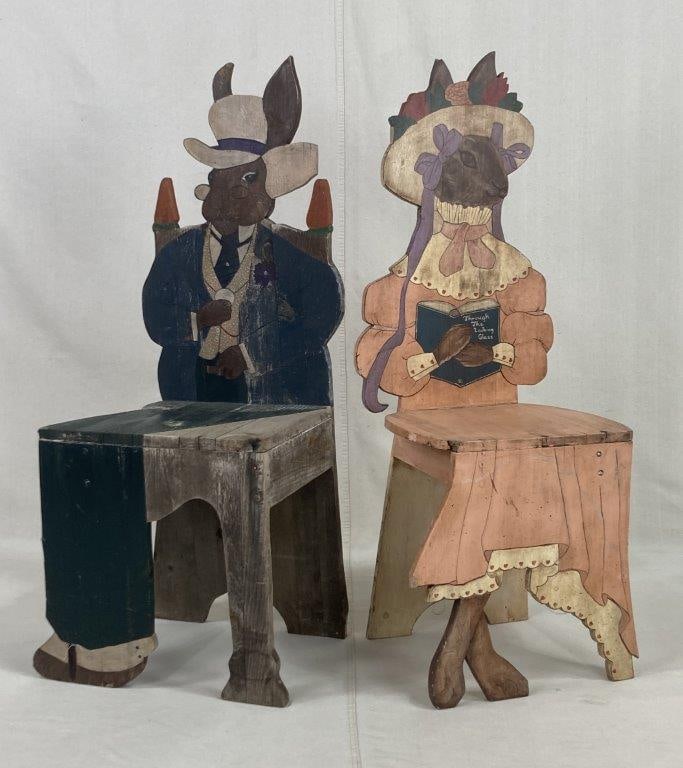 Pair of Folk Art Painted Rabbit Chairs - 2