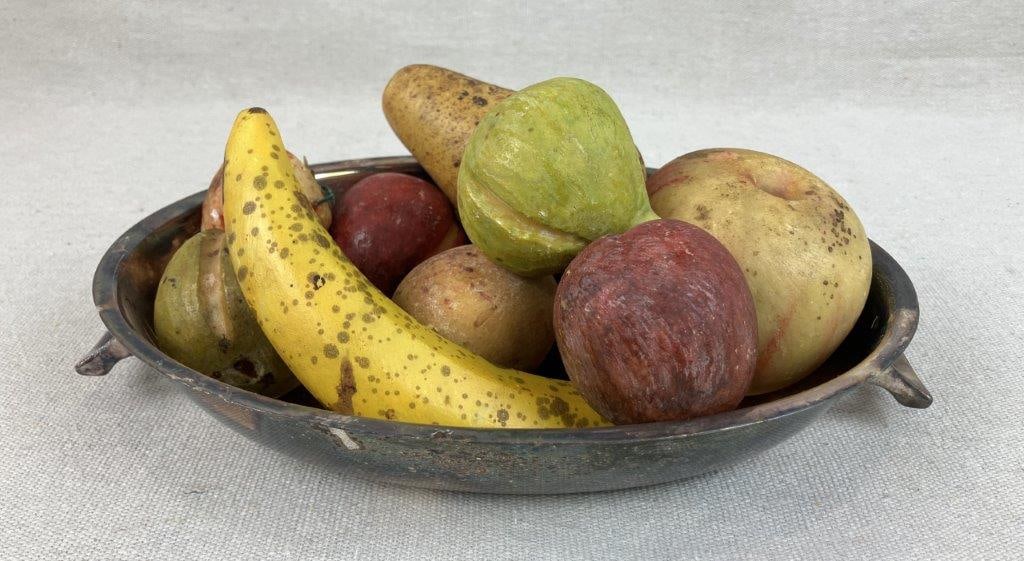 Nine Pieces of Alabaster Fruit: A charming collection of hand-carved decorative fruit designed with a remarkable realism that mimics the textures and organic hues of a ripe harvest, featuring lifelike finishes that capture the