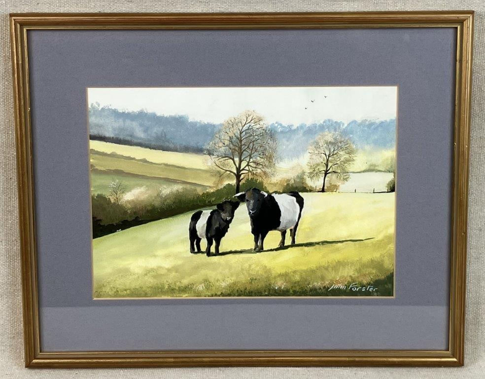 Country Landscape with Cattle Gouache Painting by John Forster, 1992: A serene and masterfully rendered rural scene executed in watermedia, likely gouache, featuring tranquil cattle amidst a lush pastoral setting. The work is defined by Forster’s smooth brushwork