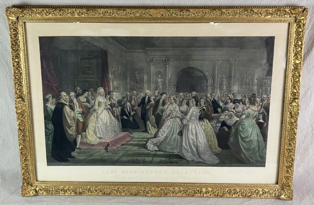 Lady Washington's Reception Day Hand Colored Lithograph: 19th century lithograph by the James Tyroler Company of New York, originally engraved by Alexander Hay Ritchie in 1865, depicting an idealized evening reception honoring Martha Washington with