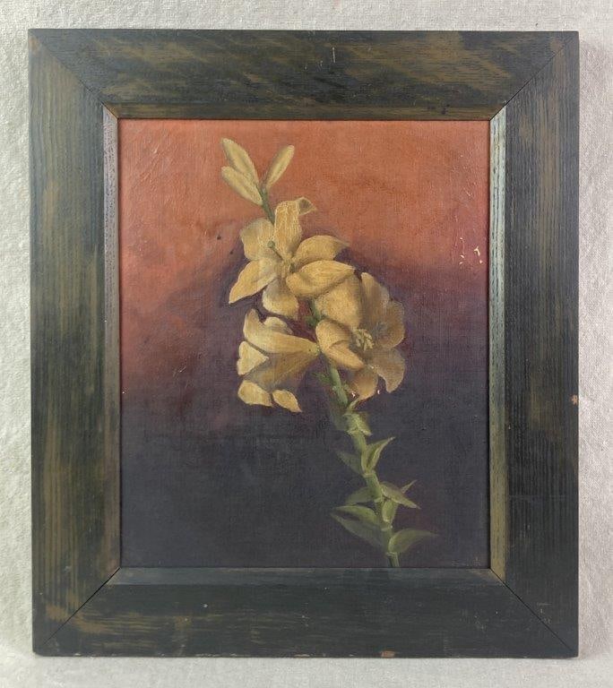 Yellow Gladiolus, Oil Painting: An oil on canvas painting depicting yellow gladiolus blossoms set against a dramatic dark to orange gradient background. The vibrant floral study is housed in a carved wood frame. Measures