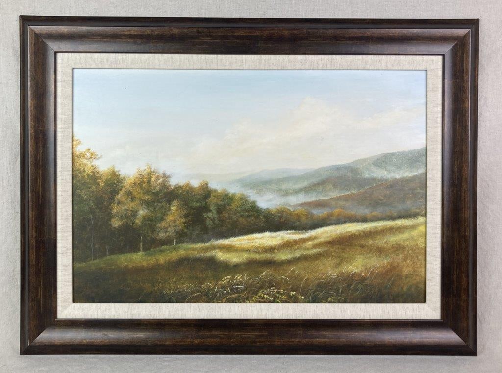 Sunday Morning, Douglas Grier, 1982: An oil on board painting depicting a hazy hillside view of the Blue Ridge Mountains with finely rendered grass, trees, and drifting fog. Painted by Douglas Grier (b. 1947), a self-taught artist who be