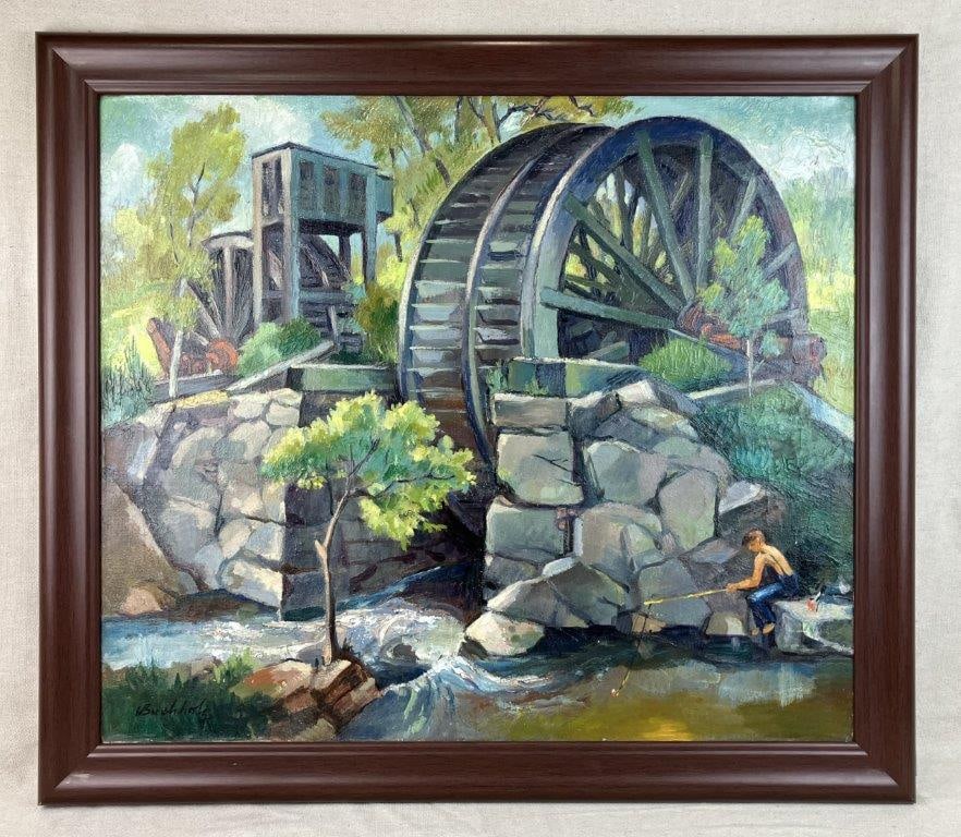 Frederick Buchholz, Mill Landscape, Oil Painting: Oil on linen by American artist Frederick Buchholz (1901-1983), depicting a mill scene with a lively stream and surrounding pastoral landscape with a boy fishing. The composition conveys a strong