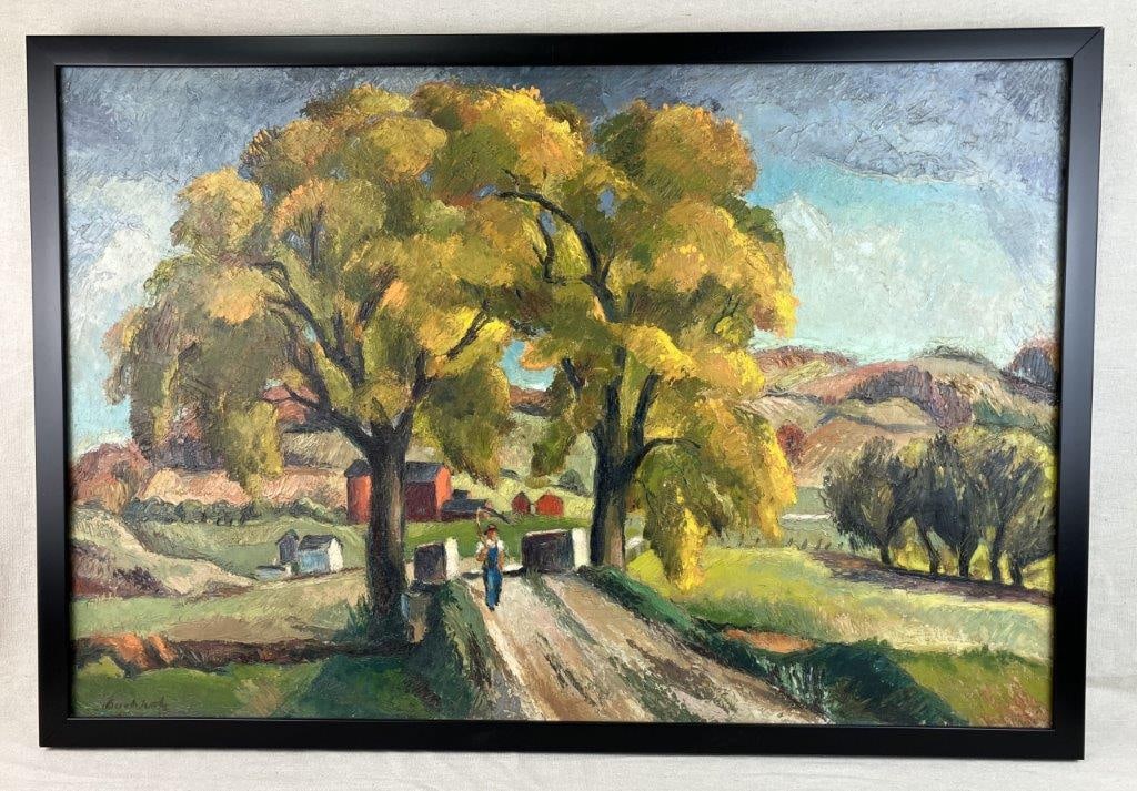 Frederick Buchholz, Landscape, Oil Painting: Oil on linen by American artist Frederick Buchholz (1901-1983), born in Massachusetts. His work reflects scenes of American life during the Great Depression, often depicting industry and genre