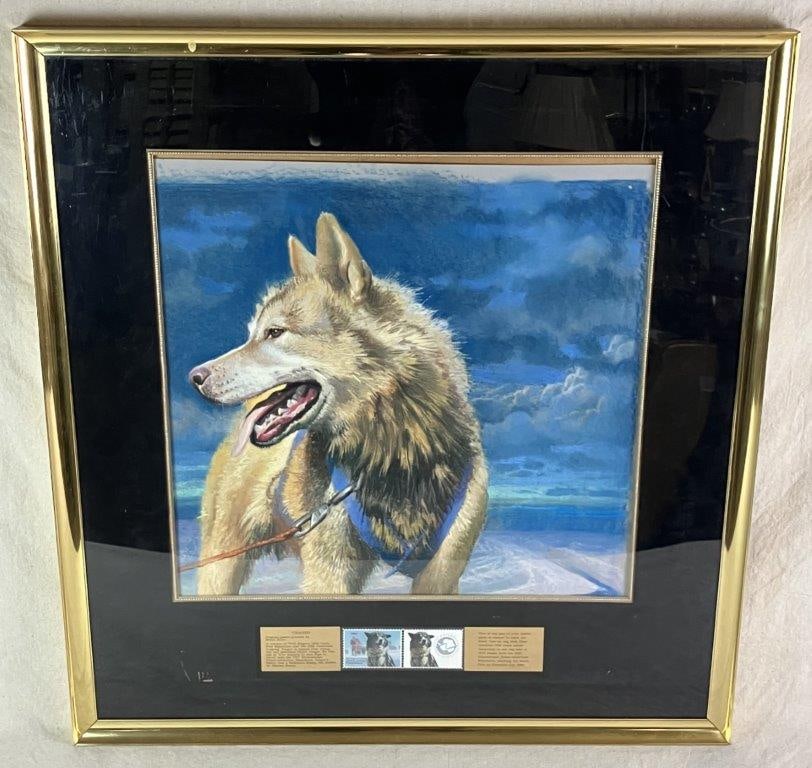 Yeager Husky, Pastel, Bryan Moon: Wonderfully rendered pastel on board depicting the Husky “Yeager,” with finely detailed fur, clouds, and snow. Yeager was named after flying ace and astronaut Chuck Yeager and was one of