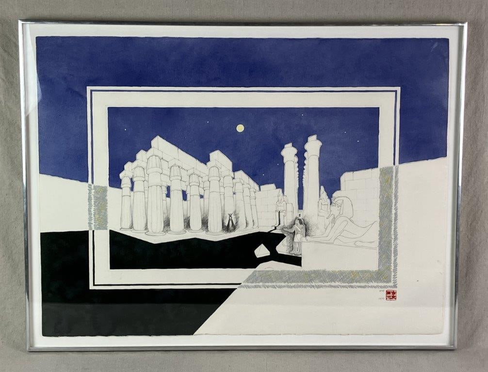 Egyptian Serigraph Print with Graphite Drawing, 1979: Marked with the maker’s red seal and crafted on Arches art paper, dated 1979. The composition combines graphite drawing with serigraph elements, depicting Egyptian temples and monuments