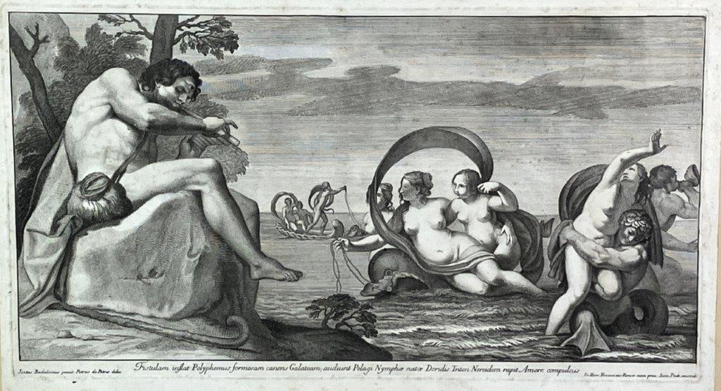 Pelagi Nymphs with Cyclops, Male and Merman Etching, 1704 - 2