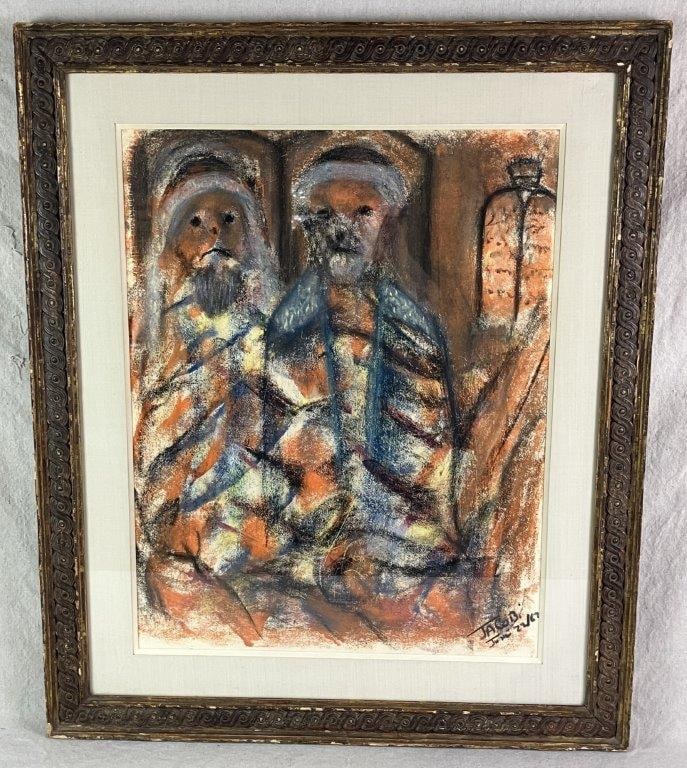 Two Rabbis with Torah, Pastel, 20th Century: Abstract pastel on paper featuring a richly textured earth-toned background defined by bold black strokes and illuminated with vibrant passages of orange, yellow, and blue. An expressive Judaica