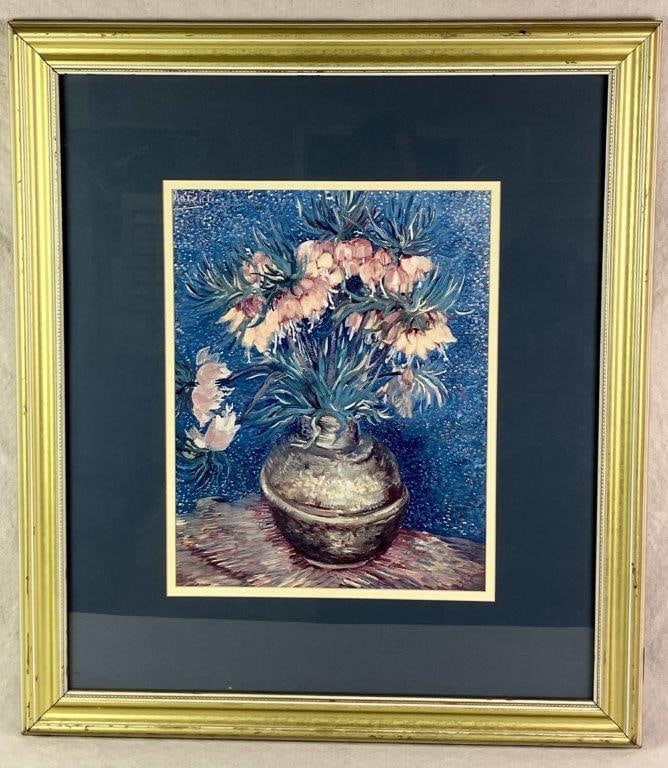 Vincent Van Gogh, Imperial Fritillaries, Print: Vintage print after the work by Vincent van Gogh (1853–1890), originally painted in 1887, depicting orange-pink flowers with golden highlights arranged in a copper vase against a blue