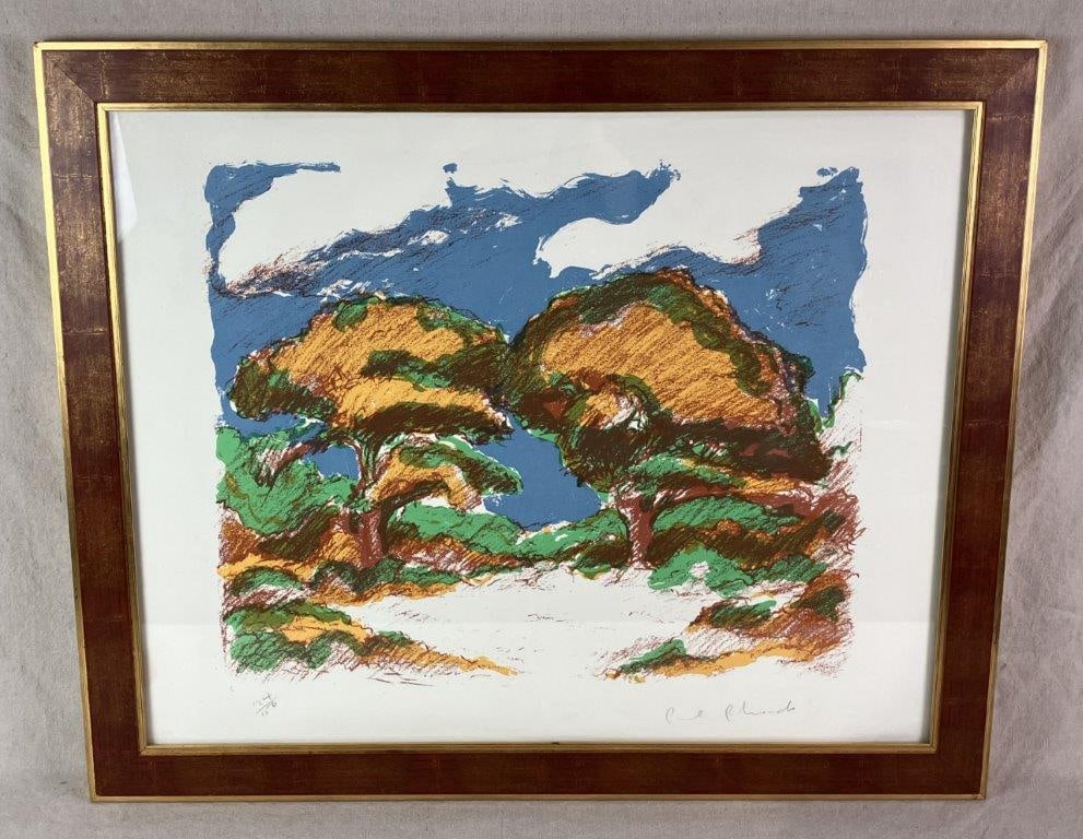 Abstract Landscape, Serigraph, Paul Rhoads: Mid-century serigraph depicting trees by American artist Paul Rhoads, who lives in France, rendered in vibrant hues of green, red, blue, and yellow. Signed “Paul Rhoads” lower right and nu