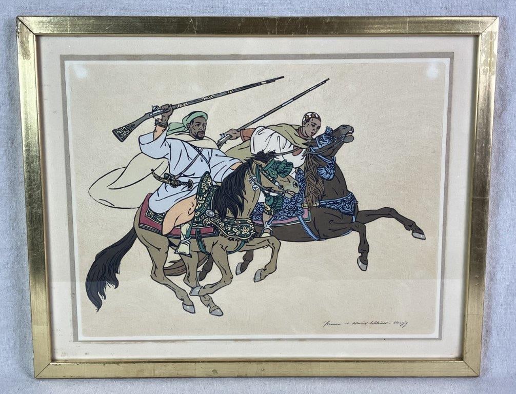 Arab Horsemen, Pochoir Print, Yvonne and Henri Kleiss-Herzig: Pochoir print depicting two Arab horsemen carrying rifles, their horses adorned with ornate and decorative harnesses. Created by French artists Yvonne Kleiss-Herzig (1895–1968) and Henri Kleiss