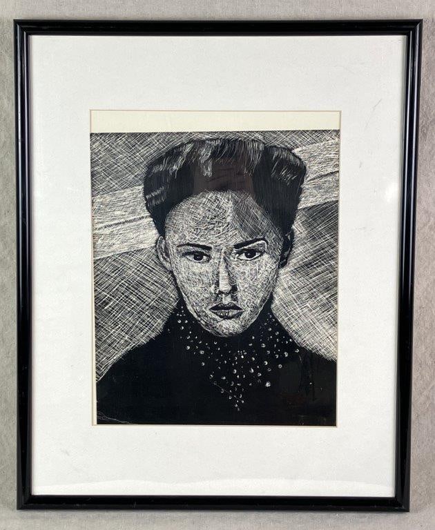 Scratchboard, Portrait of Woman: A striking portrait of a woman with an intense gaze and high fashion hairstyle, executed with masterful control on scratchboard with dense, energetic cross-hatching. Housed in a black frame. Measures