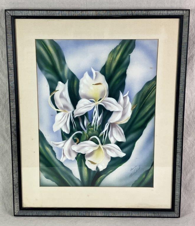 White Ginger Lilies, Ted Mundorff, Painting: Airbrush on textured board creating a luminous, soft-focus effect. Painted by Ted Mundorff (1910–1960), a noted mid-century artist who moved to Hawaii as a child. The composition depicts white