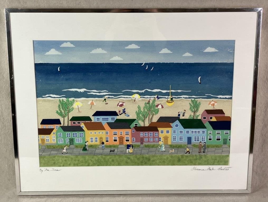 By The Sea, Florence Flock Martin, Watercolor: Watercolor on textured paper in a charming folk art style, depicting a coastal town of multi-colored houses beside the beach with figures strolling with pets and others enjoying the shoreline. A