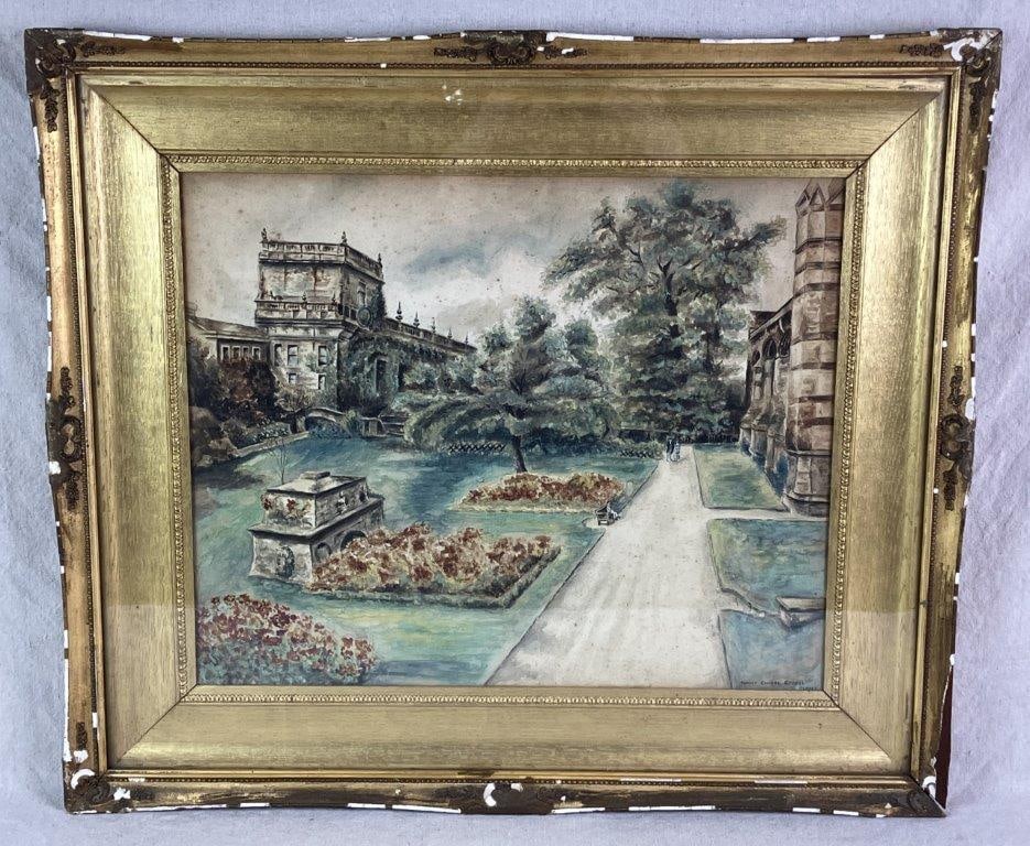 Trinity College Chapel, Watercolor: Original watercolor depicting the architectural details of Trinity College Chapel set within a landscape of gardens and pathways, executed in a charming primitive style. Inscribed on the lower right