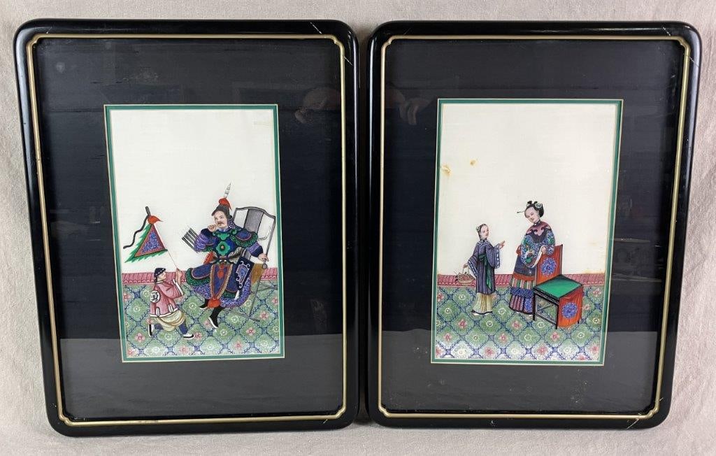 19th Century, Chinese Pith Paper Paintings: Two paintings on pith paper featuring vivid, jewel-toned colors and finely rendered traditional garments. One depicts a military officer seated in a folding chair with an attendant holding a flag, whi