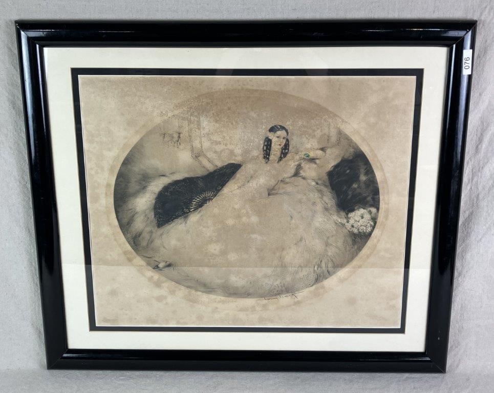 The Woman with the Black Fan Etching, Louis Icart: Made by renowned Art Deco artist Louis Icart, the artwork features a woman with a distinct black fan in a boudoir setting. Signed “Louis Icart” and featuring both an L.I. Paris embossed se
