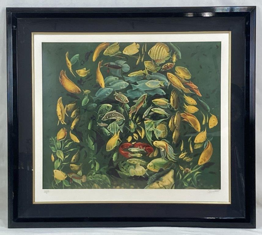 Doug Auld, Some Like It Wet, Serigraph: Serigraph on paper titled Some Like It Wet, possibly referencing Marilyn Monroe’s film Some Like It Hot. The composition features tropical fish throughout in vibrant tones. Signed by the artist