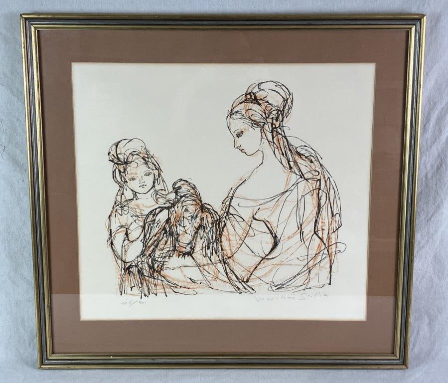 The Bird Found (L'oiseau Retrouve) Lithograph, Medeline Scellier: 20th century lithograph depicting two women with a bird by French artist Madeline Scellier. Signed “Madeline Scellier” and numbered 6/200. Housed in a gilt wood frame. Measures