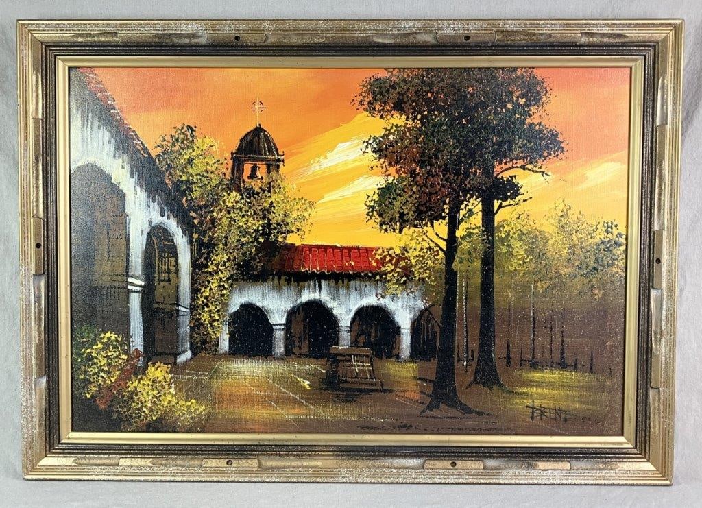 Mid-Century, Courtyard Sunset, Oil Painting: Oil on canvas depicting a Spanish mission courtyard at sunset, rendered in high-contrast yellow and orange hues with silhouetted trees. Signed “Brent” in the lower right corner. Housed in