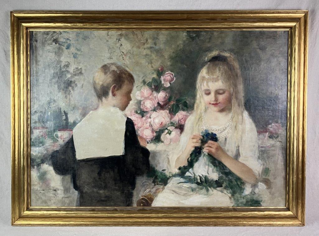 Early 20th Century, Oil Painting, Boy and Girl: Oil on canvas from the late Victorian era, capturing an idealized moment of childhood innocence with a young girl weaving flowers as a boy in a classic sailor suit looks on. Executed with soft,