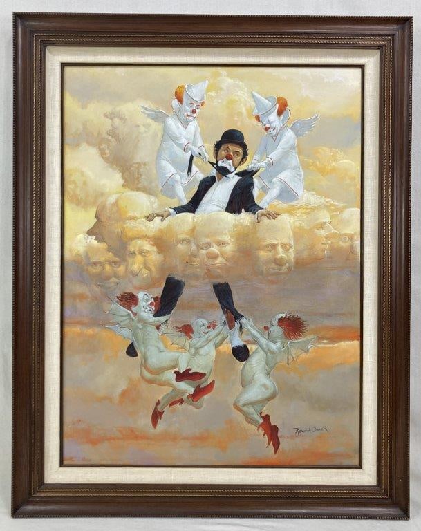 Robert Owen, Clown Hell, Oil Painting: Oil on canvas painting by Robert Owen (born 1930), depicting a central clown being pulled upward and downward by smaller angelic and impish clowns amid clouds that subtly form additional clown faces.