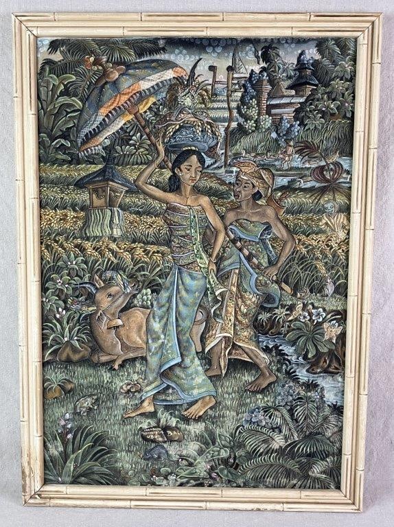 Balinese, Landscape, Painting: A vibrant and detailed painting on fabric executed in the classic Ubud School style, depicting a romanticized scene of Balinese daily life with two women in traditional dress walking through a lush
