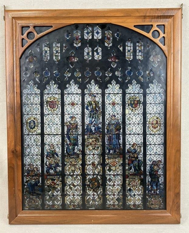 The Seven Stages of Man Stained Glass Style Panel: Decorative stained glass style panel depicting The Seven Stages of Man, a theme derived from William Shakespeare’s As You Like It. The composition is based on a well-known design held in the