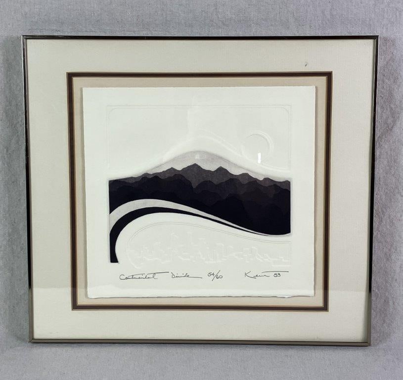 Signed Intaglio "Continental Divide": Sophisticated color intaglio with deep embossment on heavy paper, depicting a cityscape set against a dark, layered mountain range. Signed and dated 1983, titled Continental Divide, and numbered