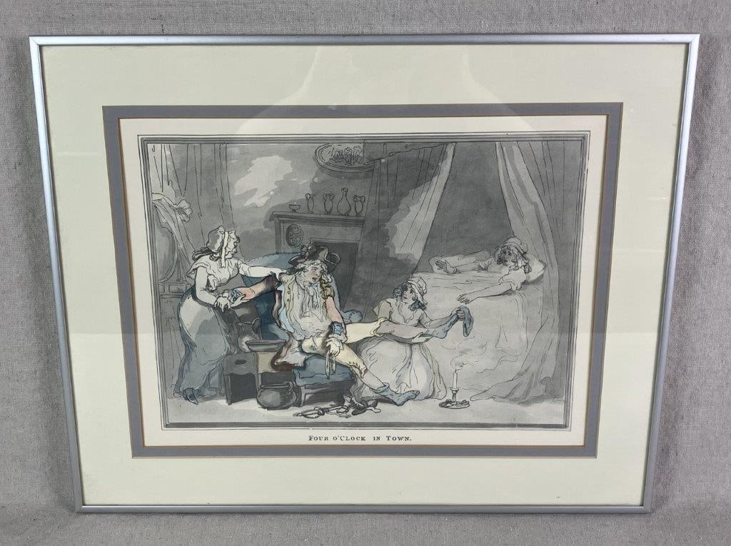 Four O'Clock In Town Print, Thomas Rowlandson: Color print after the original Four O'clock In Town by Thomas Rowlandson, a prolific English caricaturist and printmaker celebrated for his humorous social commentary. The scene depicts a gentleman