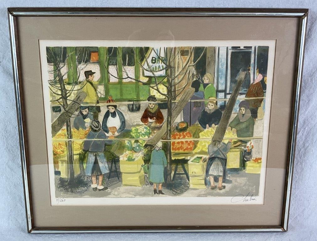 Vegetable Market, Lithograph, Nathalie Chabrier: Mid-century color lithograph on paper by French artist Nathalie Chabrier, depicting a lively Parisian outdoor market scene and capturing the bustling energy of vendors and shoppers amid vibrant