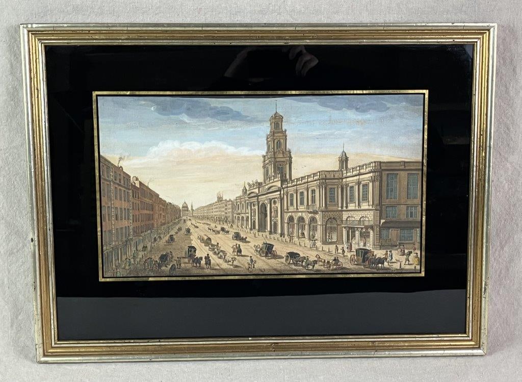 After Thomas Malton the Younger (English, 18th century), Engraving: Hand-colored etching depicting the Royal Exchange at the western end of Cornhill in London, featuring a lively and detailed street scene. Housed in a giltwood frame. Measures approximately 16 3/4" H