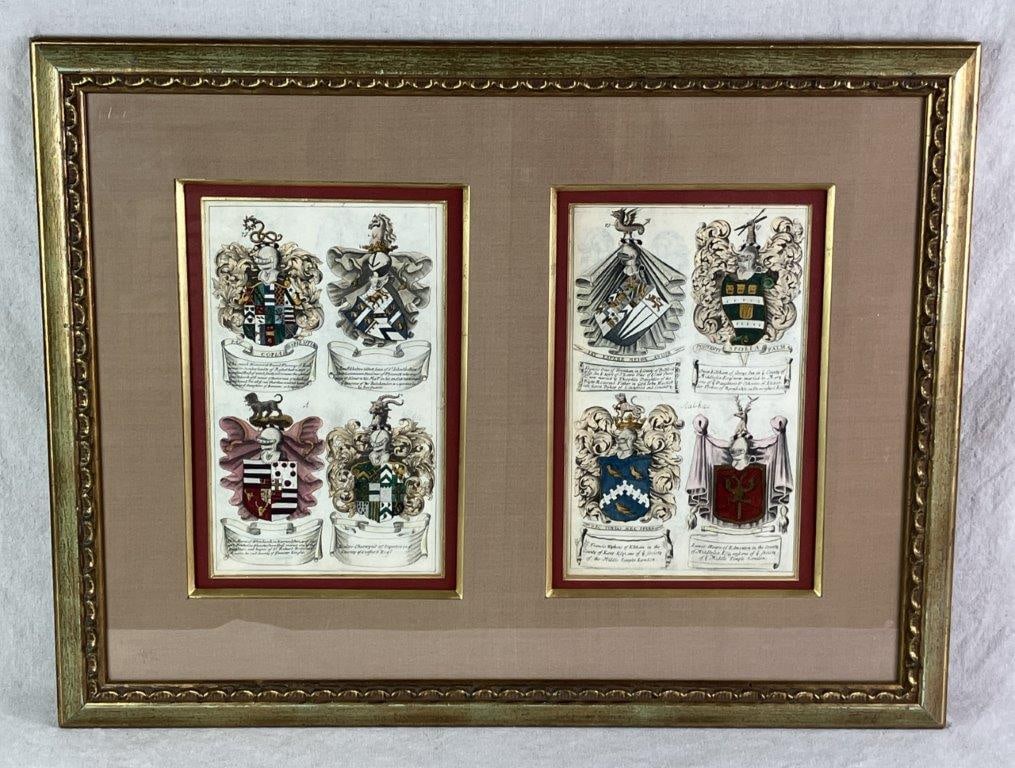 18th Century Coats of Arms, Colored Engravings: Two framed pages featuring hand-colored copperplate engravings of 18th century coats of arms, including Sir Daniel Fleming of Rydal Hall with the motto PAX COPLA SAPIENTIA, Bevill Skelton, Thomas