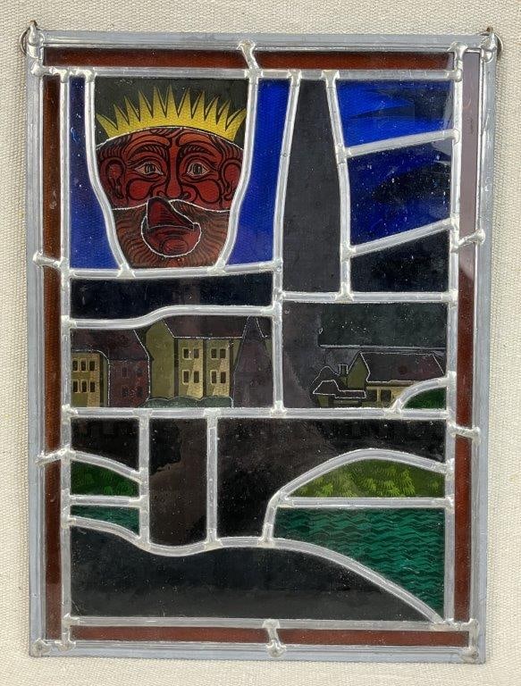 Stained Glass Panel: A radiant and skillfully crafted decorative piece featuring a regal king overlooking a detailed medieval town and sprawling landscape. Rendered in a traditional Gothic aesthetic, the panel utilizes a